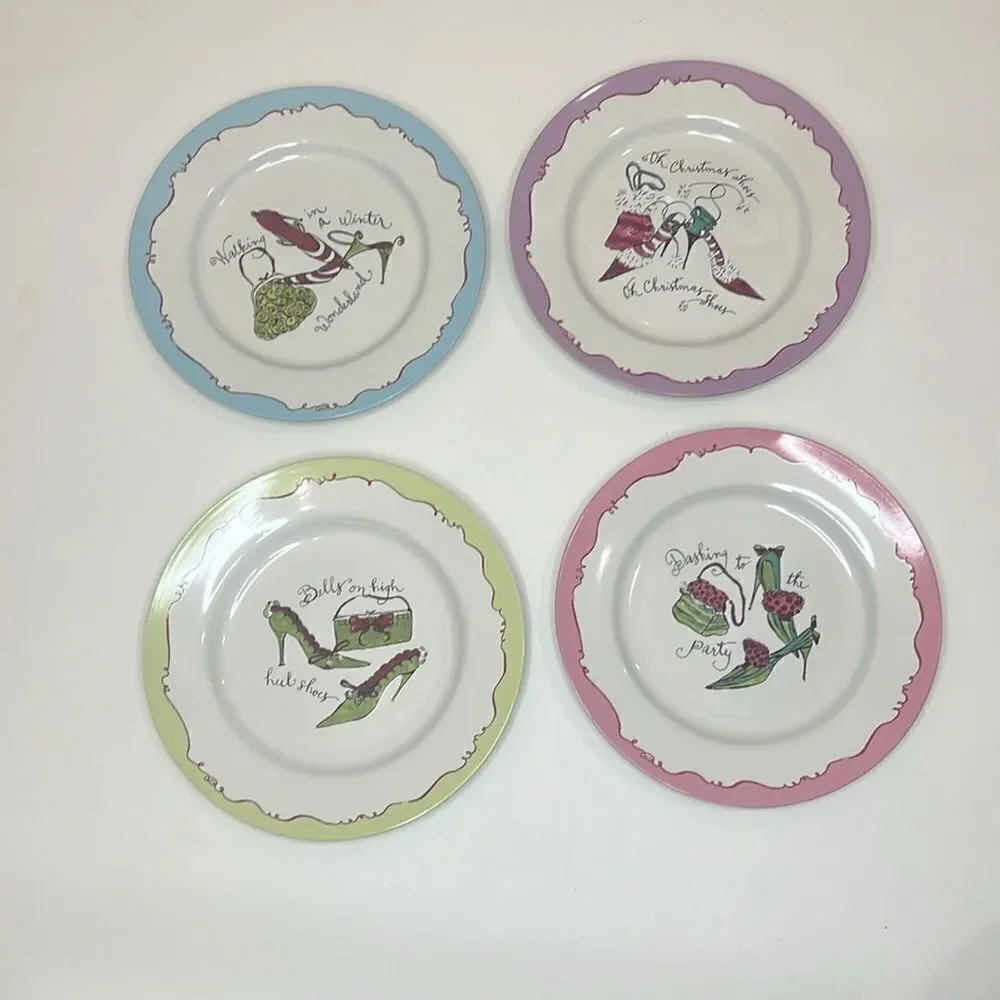 Rosanna Christmas Holiday Shoes Bells Party Salad Dessert Plates 8 1/4 In Set 4